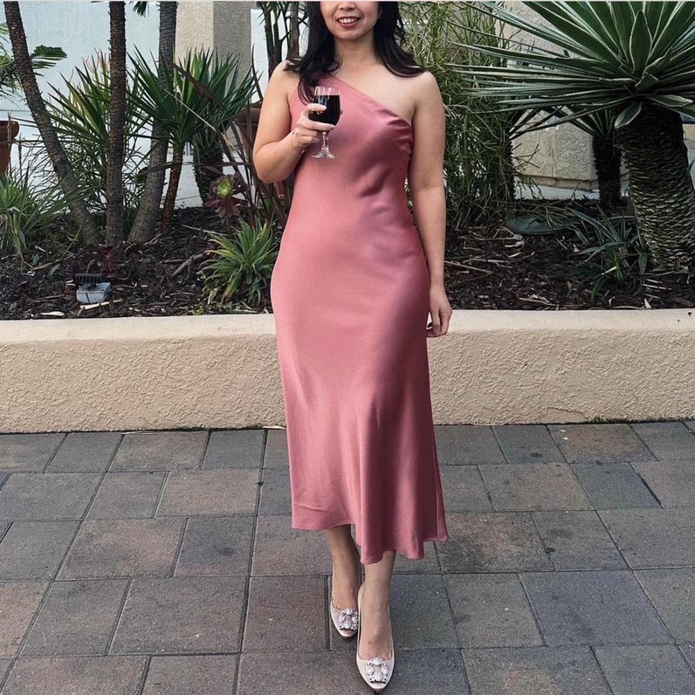 Jenny Yoo Abby One Shoulder Satin #Midi Dress in Wild Rose